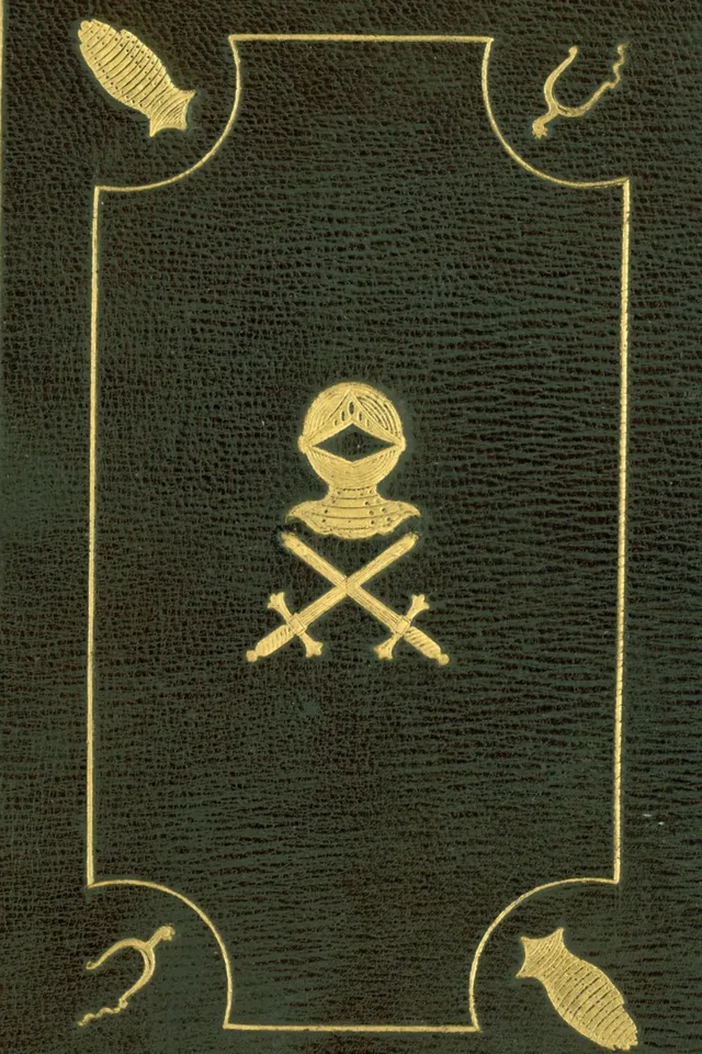 A dark green leather binding of Don Quixote, tooled in gold with a knight’s helmet over crossed swords, with spurs and gauntlets in the corners