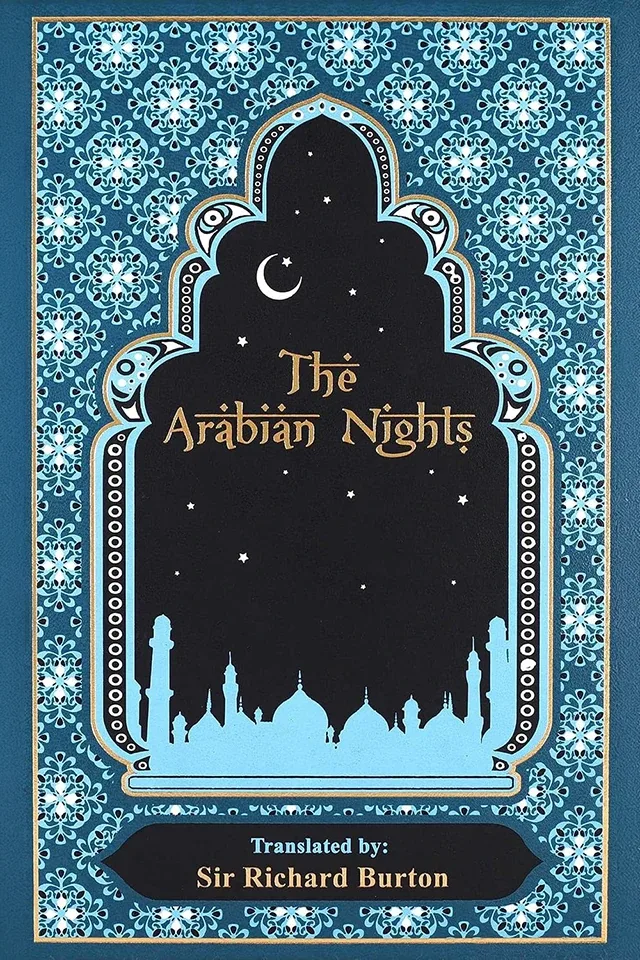 A blue patterned cover of The Arabian Nights, the gold title set in a starry arched window above a skyline of domes and minarets, translated by Sir Richard Burton