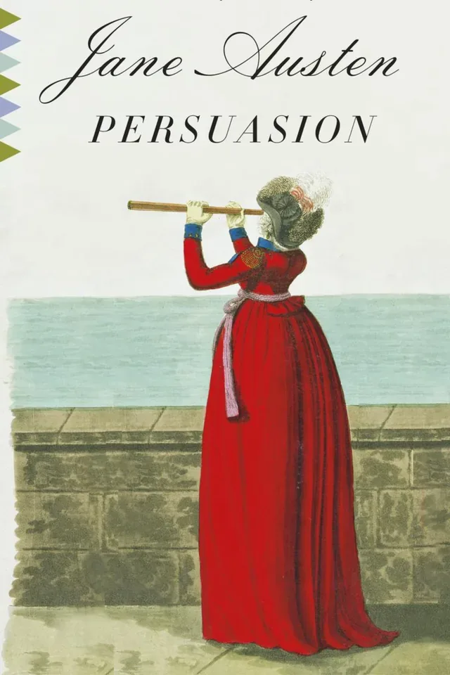 A cover of Jane Austen’s Persuasion showing a woman in a long red dress looking through a telescope over a stone sea wall