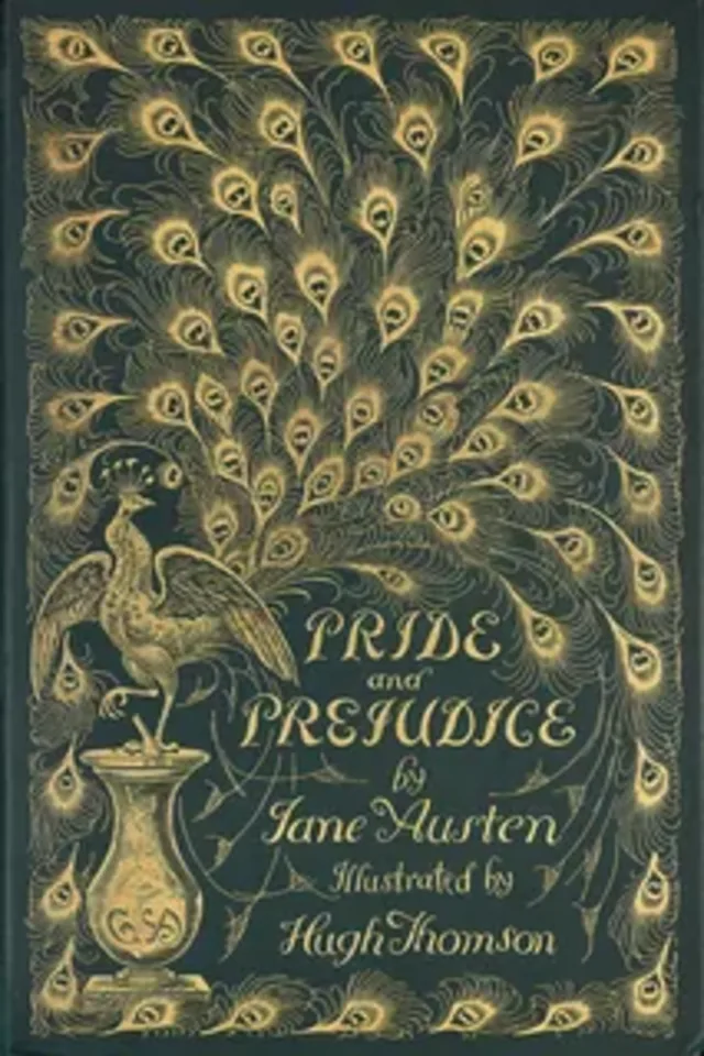 The 1894 peacock cover of Pride and Prejudice, a gold peacock and fanned tail feathers on dark green, illustrated by Hugh Thomson