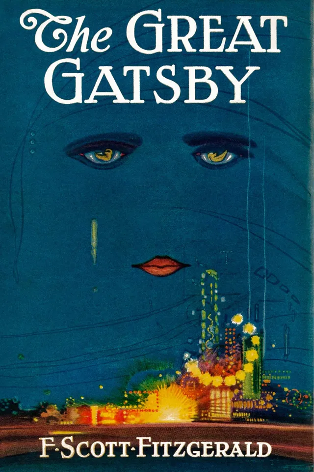 The Great Gatsby cover, with a woman’s eyes and red lips floating in a deep blue sky above the bright lights of a city at night, and F. Scott Fitzgerald’s name along the bottom