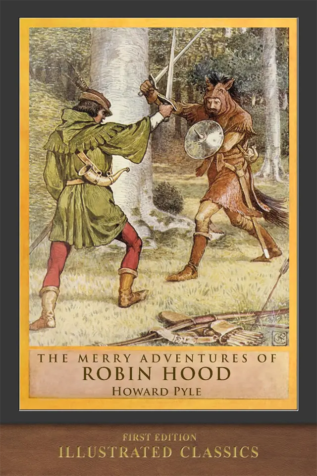 A cover of The Merry Adventures of Robin Hood by Howard Pyle, showing Robin Hood crossing swords with Guy of Gisbourne in the forest