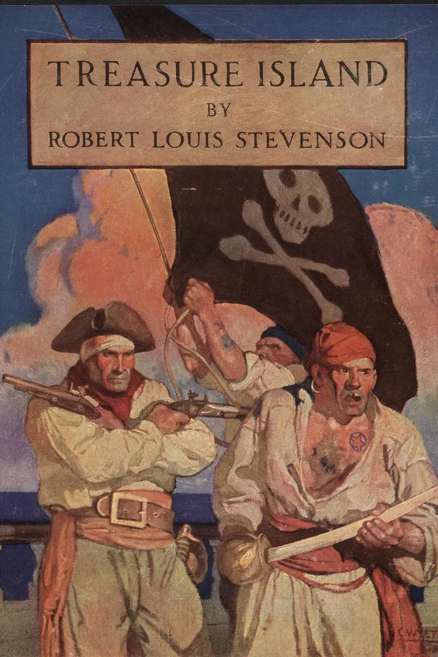 The cover of Treasure Island by Robert Louis Stevenson, with N. C. Wyeth’s painting of armed pirates beneath a skull-and-crossbones flag
