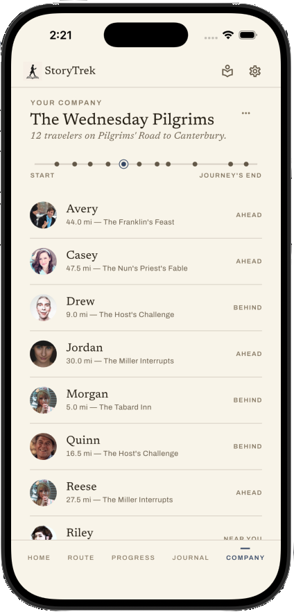 The StoryTrek app showing fellow travelers walking the same journey