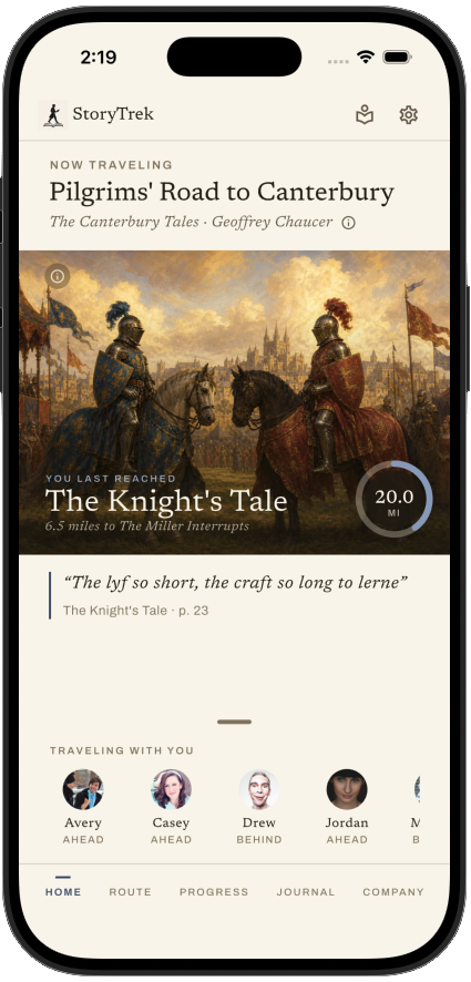 The StoryTrek app showing progress along Pilgrims’ Road to Canterbury