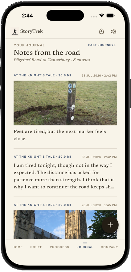 The StoryTrek app showing journal entries and photos from the road