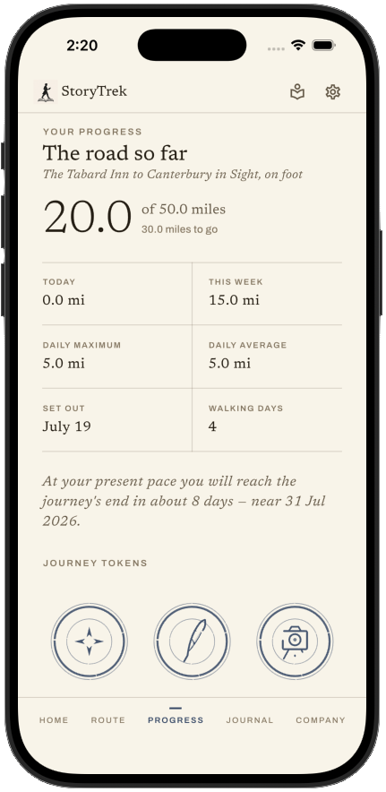 The StoryTrek app showing miles walked and pace toward the journey’s end