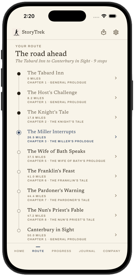 The StoryTrek app showing the waypoints along a journey’s route